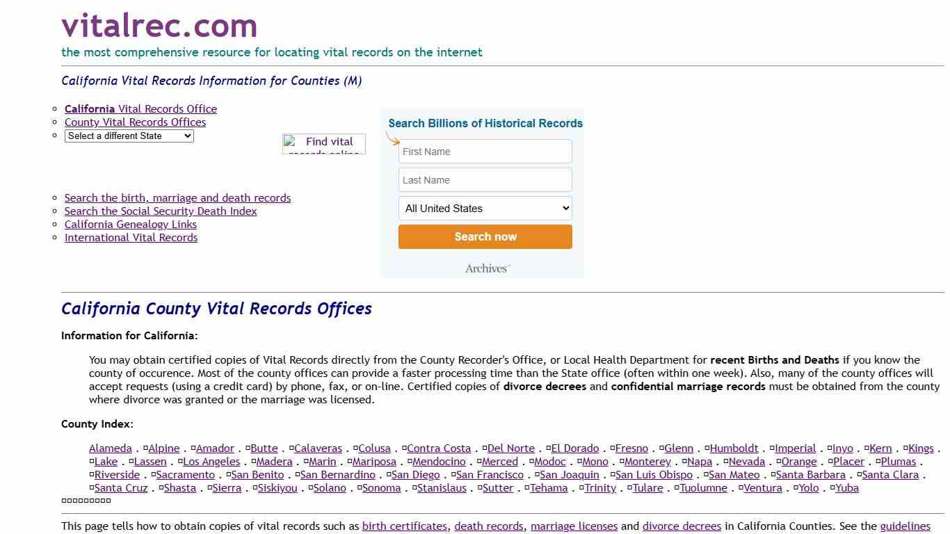 California Counties Birth Certificate, Death Record, Marriage License and More (M)