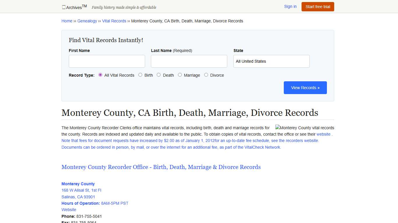 Monterey County, CA Birth, Death, Marriage, Divorce Records