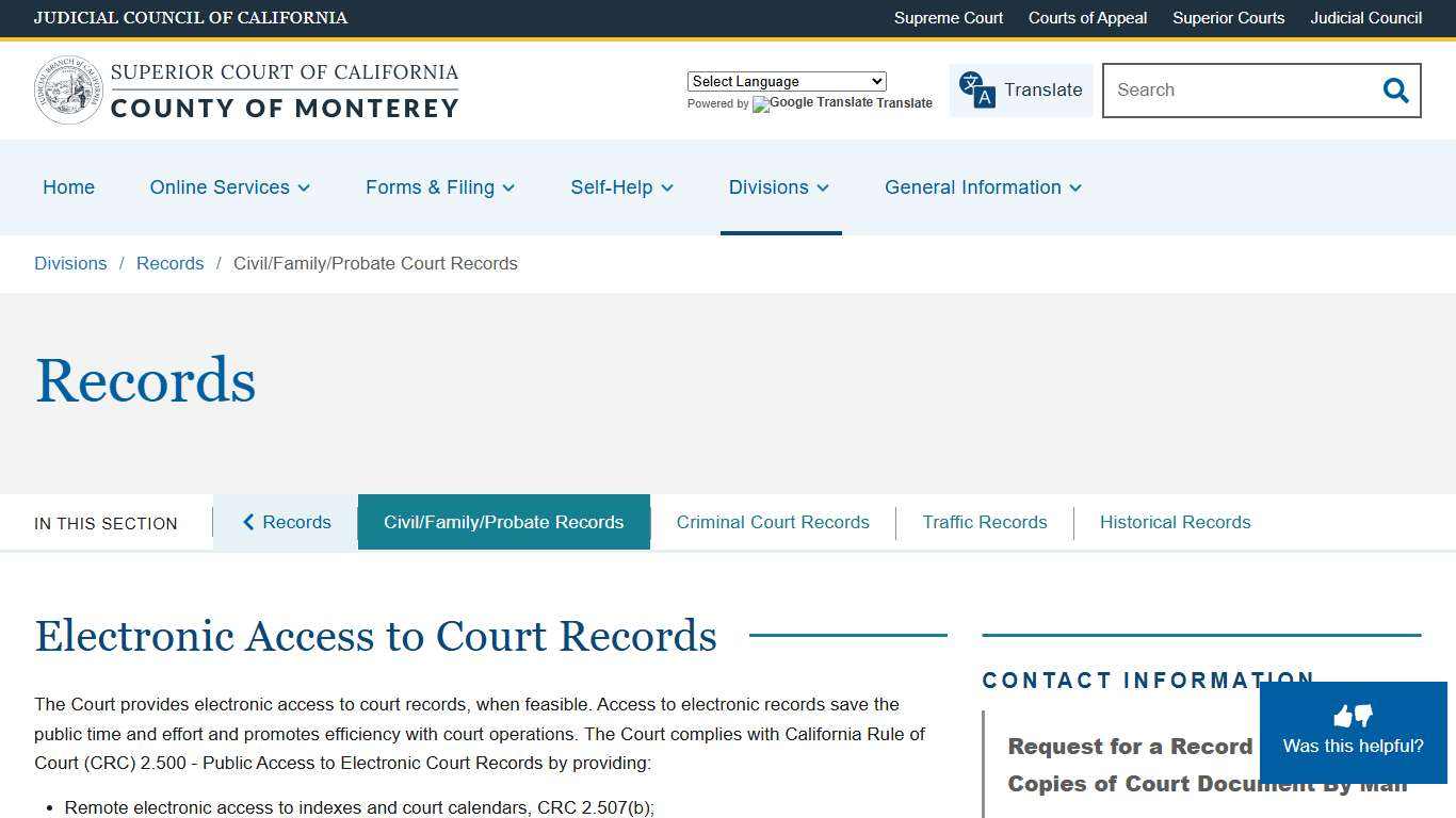 Civil/Family/Probate Court Records | Monterey